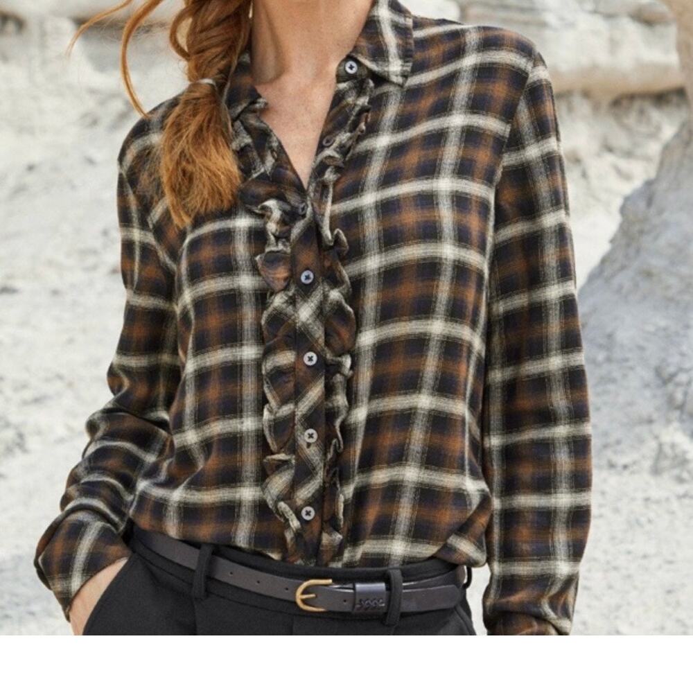 Peruvian Connection Linen Blend Fiona Top XL Long Sleeve Ruffled Brown Plaid